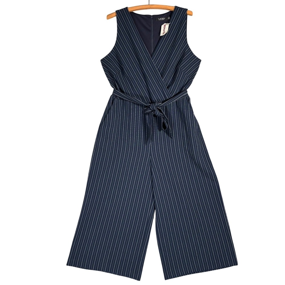 NWT Lauren Ralph Lauren Navy Blue Pinstripe Wide Leg Belted Jumpsuit Size 16